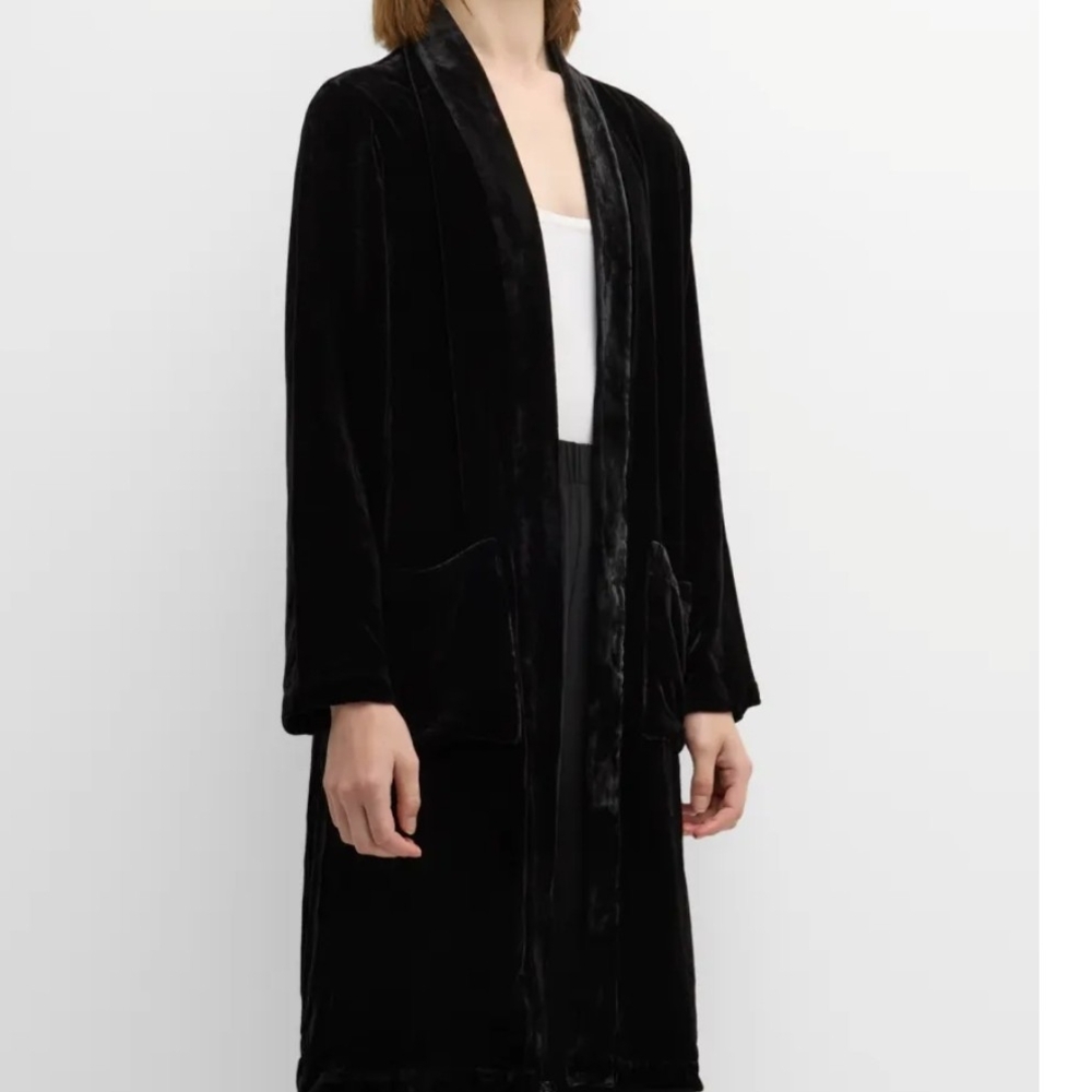 Eileen Fisher Open-Front Black Velvet Jacket Silk Blend Kimono Cardigan - Picture 4 of 11